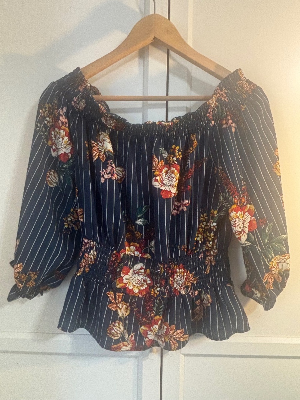 Navy Blue Floral & Pinstripe Off Shoulder Peplum Top – Size Medium
